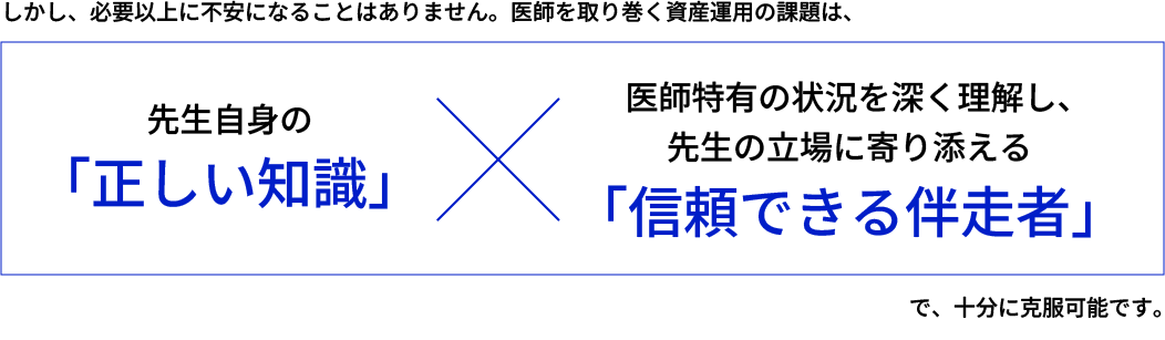 しかし、必要以上に不安になることはありません。意思を取り巻く資産運用の課題は、先生自身の「正しい知識」x医師特有の状況を深く理解し、先生の立場に寄り添える「信頼できる伴走者」で、十分に克服可能です。